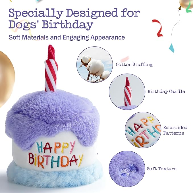 Dog Happy Birthday Cake Toy with Crinkle, Stuffed Plush Puppy Present for Birthday Party, Dog Toy for Small Medium