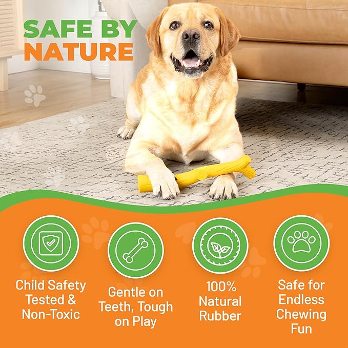 Natural Rubber Durable Dog Toys for Large & Medium Dogs Brown Bacon Flavored Curved Branch Shape Tough Chew Toy for Dogs Safe Tested & Non-Toxic Squeak Dog Toys (Yellow)