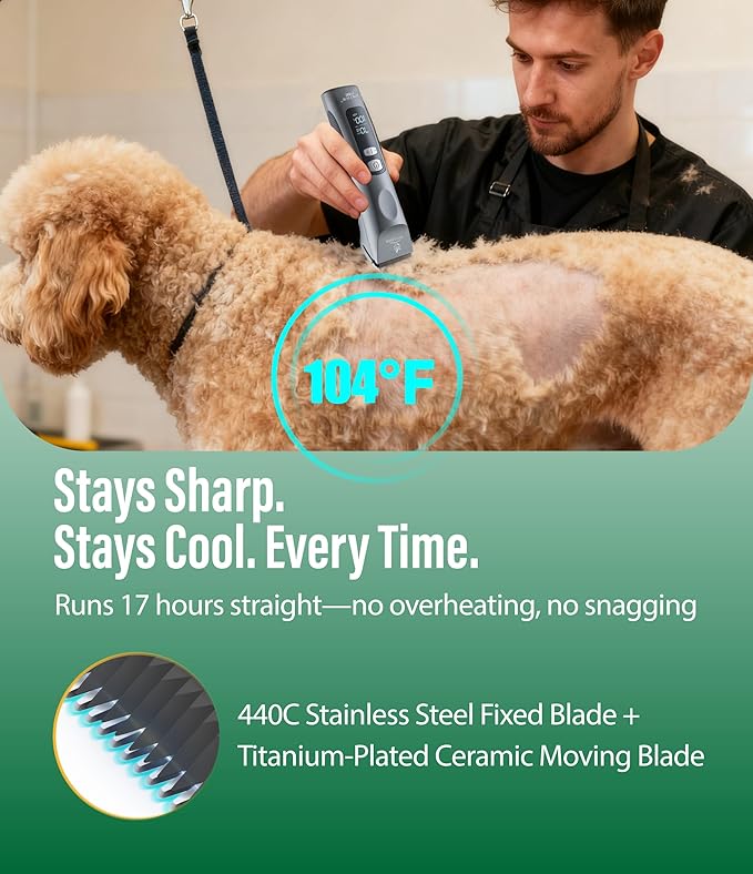 Professional Dog Grooming Clippers with 17H Runtime & Replaceable 440C Blade, 5-Speed Low Noise Electric Dog Shaver for Thick, Matted, Curly Hair, Cordless Clipper for Groomer & Home Use, Green