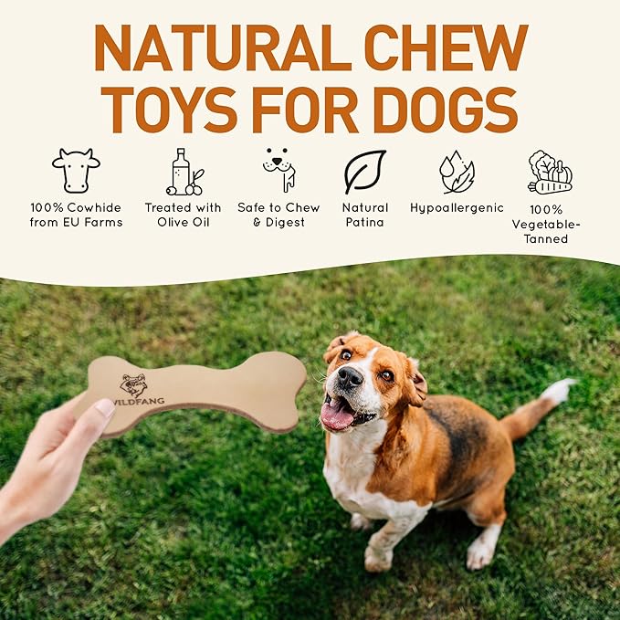 Wildfang® Leather Dog Toy, Large - Leather Bone for Teething Dog, Dental Toys for Puppies, Training for Chewing Muscles, Puppy Chew Bones for Light or Medium Chewers (for Dogs Over 33 lbs), Pack of 1