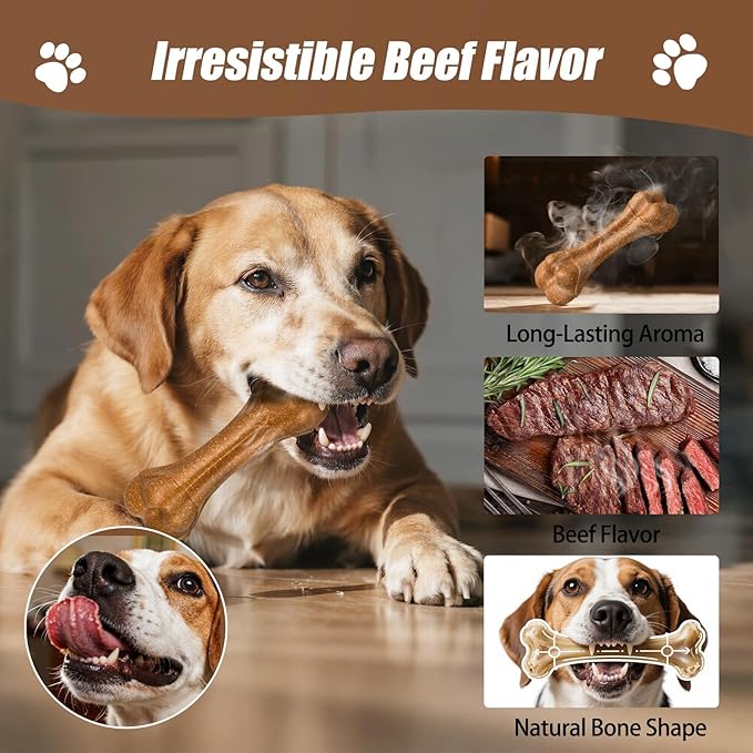 SCHITEC Dog Bone Chew Toys for Medium & Large Dogs, Beef Flavor Teething Toy, Durable Dog Toys for Aggressive Chewers, Teeth Cleaning, 5Pcs