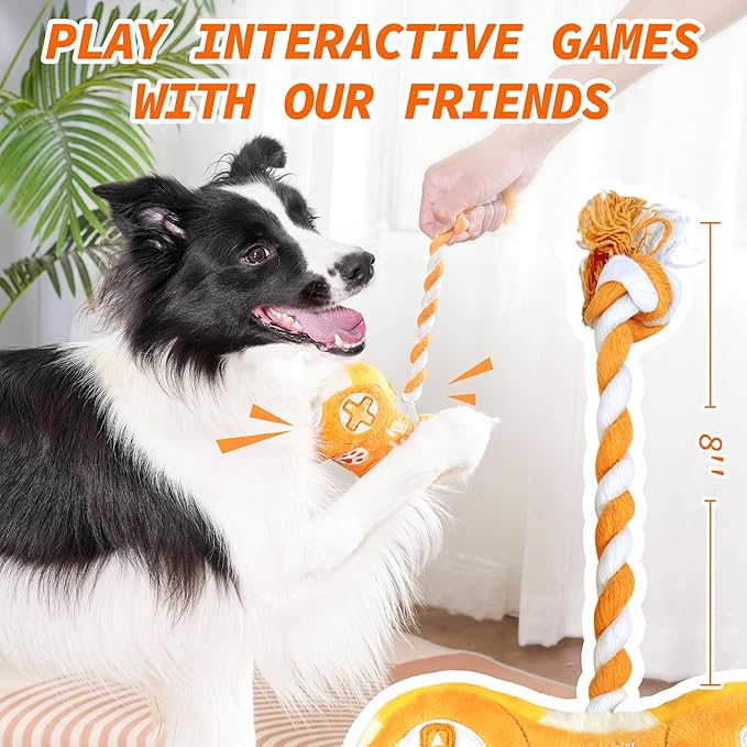 MTERSN Plush Dog Toy : Interactive Squeaky Dog Toys with Crinkle Paper and Gaming Controller Shape Dogs Rope Toys - Funny Pet Chew Toys with 3 Squeakers for Puppy, Small, Medium, Large Dogs (Yellow)