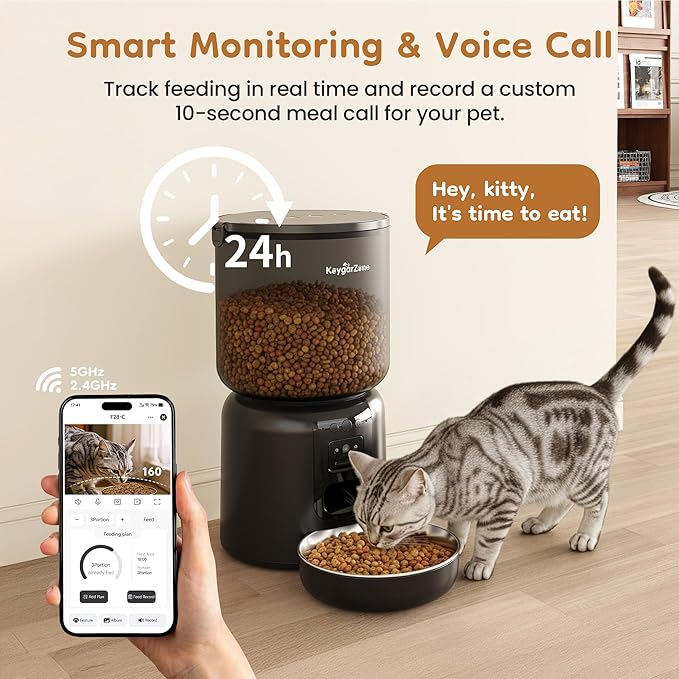 Automatic Cat Feeder with Adjustable 1080p Camera, 5G WiFi & App Control Cat Food Dispenser, Automatic Feeder Cat Dry Food with Dual Power & Voice Recording, Smart Automatic Dog Feeder Portion Control