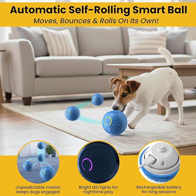 Fur4Fun 3-in-1 Interactive Dog Toy Play Set for Small & Medium Dogs – Self Rolling Ball, Durable Rubber Chew Bone & Squeaky Plush Dinosaur