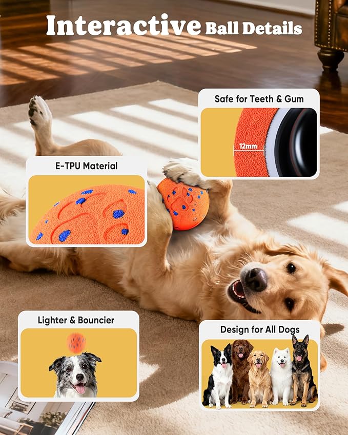 Smart Interactive Dog Toy, Automatic Moving Rotating, Bouncing Chew Toys, E-TPU Material, IPX7 Waterproof Active Rolling Ball Dog Toys for Medium Large Dog, Keeps them Busy and Entertained (Orange)