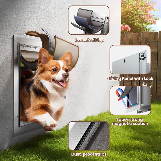 Dog Door for Wall, Medium Dog Door with 3-Flap, Aluminum Doggie Door, Heavy Duty Pet Door with Lock, Telescoping Tunnel for Interior Exterior Wall, Pets Up to 45LB