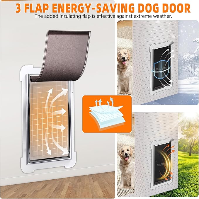 MIAOTONG 3-Flap Dog Door for Wall, Energy-Efficient Insulated Pet Door for Wall, Aluminum Lock Doggy Door for Wall,Steel Frame and Telescoping Tunnel Dog Doors(Pets Up to 100 Lb) -Large