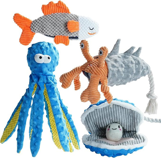 Nocciola 4 Packs Crinkle Squeaky Dog Toys for Aggressive Chewers, Tough Durable Stuffed Plush Rope Tug Puppy Chew Toy for Small Medium Large Breeds, Dog Stocking Stuffers Holiday Birthday Pet Gifts