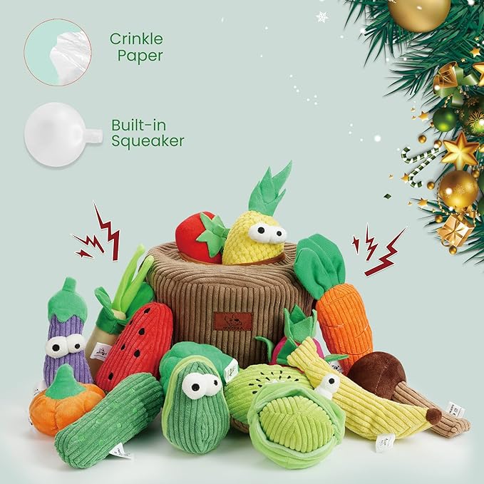 Nocciola Small Squeaky Crinkle Dog Toys- 15 Packs Grocery Basket Fruits Veggies Puppy Toys to Keep Busy, Cute Durable Plush Stuffed Hide Seek Cognitive Dog Christmas Stocking Stuffers