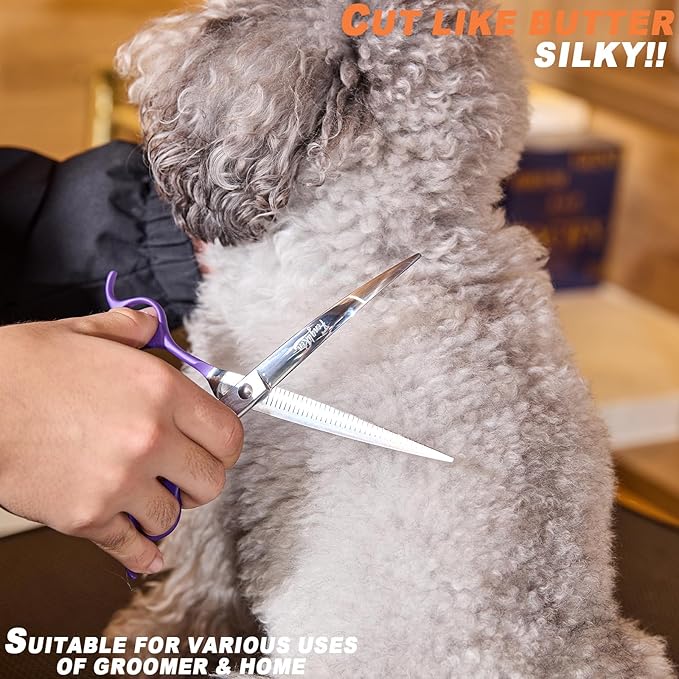 High-end Professional Dog Grooming Curved Thinning Scissors Teeth Blending Shears Pet Texturizing Thinner Blender Shears 7 Inch Extremely Very Sharp Made Of Stainless Steel Alloy For Dog Cat Groomer