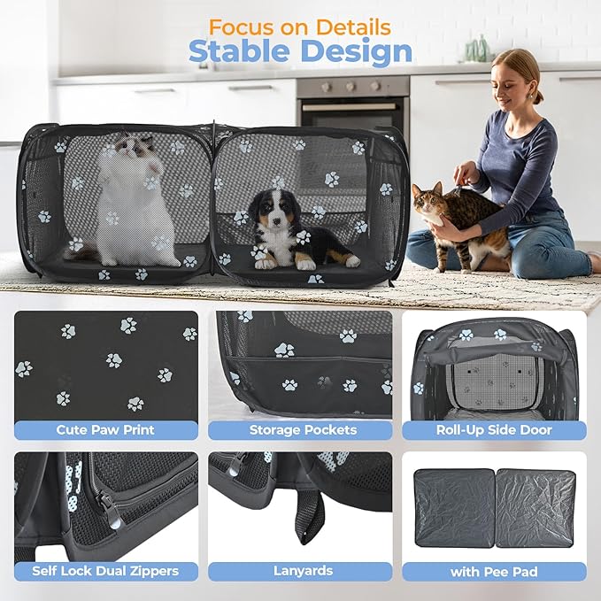2-in-1 Dog Playpen 58''Pop Up Cat Pet Playpen, Assembly-Free Indoor Outdoor Kitten Enclosure, Breathable Cat Cage Portable Puppy Tent Crates Kennel for Small Animals(No Divider, Unified Space)