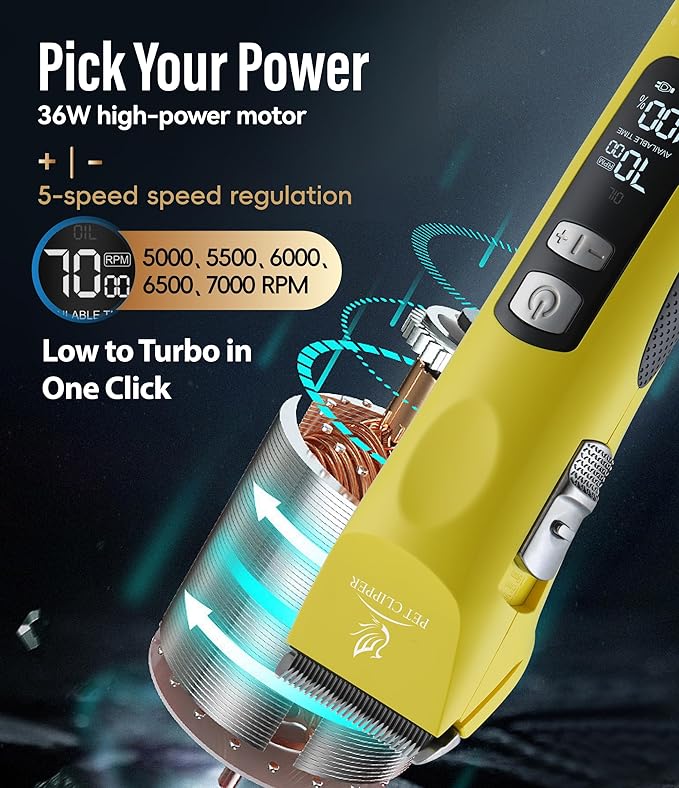 Professional Dog Grooming Clippers with 17H Runtime & Replaceable 440C Blade, 5-Speed Low Noise Electric Dog Shaver for Thick, Matted, Curly Hair, Cordless Clipper for Groomer & Home Use, Yellow