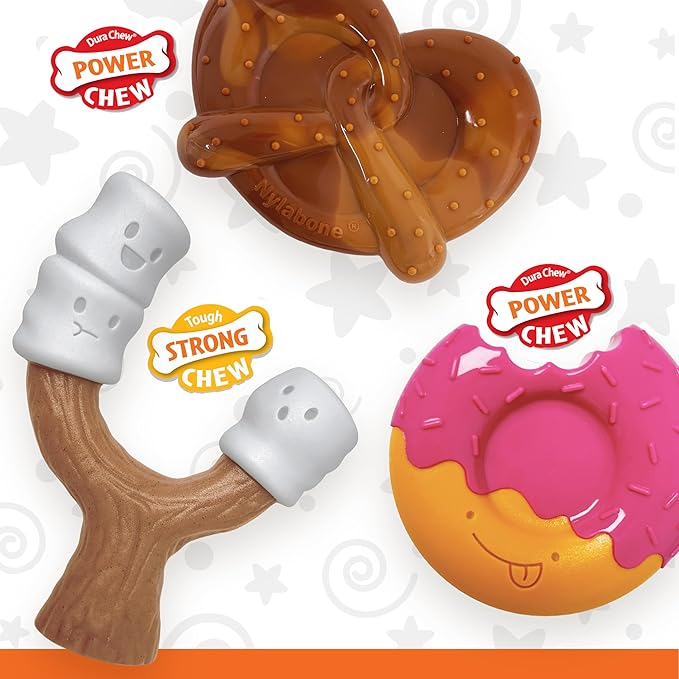 Nylabone Power Chew Toy Bundle, Cute Dog Toys for Aggressive Chewers, Bacon Glazed, Toasted Marshmallow, and Peanut Butter Flavors, Large Dogs - Up to 50 lbs, 3 Pack