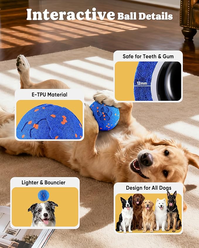 Smart Interactive Dog Toy, Automatic Moving Rotating, Bouncing Chew Toys, E-TPU Material, IPX7 Waterproof Active Rolling Ball Dog Toys for Medium Large Dog, Keeps them Busy and Entertained (Blue)