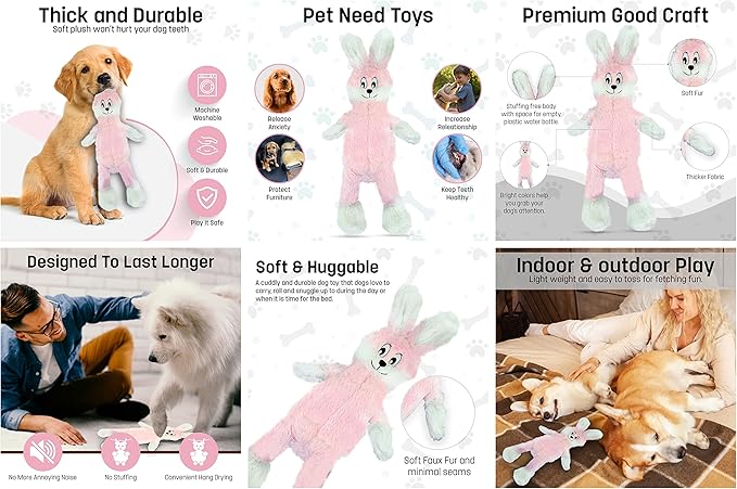 FGA MARKETPLACE Frog-Pink Rabbit Flat NO Stuffing NO Squeak Plush Dog Toy, Funny Style Will Entertain Your Pet for Hours, Recommended for Small and Medium Dog 21 INCH Long
