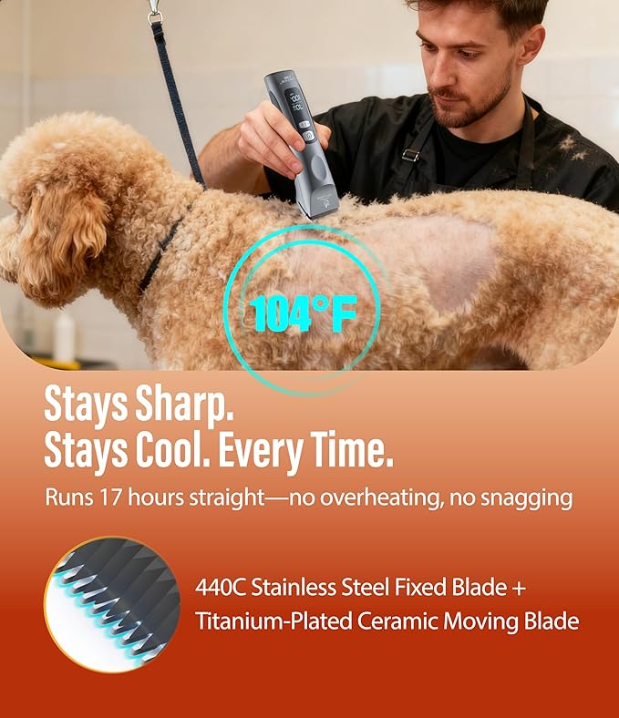 Professional Dog Grooming Clippers with 17H Runtime & Replaceable 440C Blade, 5-Speed Low Noise Electric Dog Shaver for Thick, Matted, Curly Hair, Cordless Clipper for Groomer & Home Use, Orange