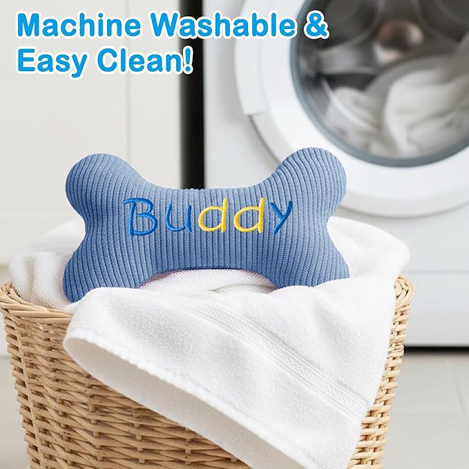 2026 Squeaky Dog Toys, Embroidered Bone Shape Blue Corduroy Pet Pillow 8"x5" Cute Soft Cotton Filled Dog Chew Puzzle Toy Birthday Holiday Fun Gifts Contrast "Buddy" Text for Small Medium Large Dogs