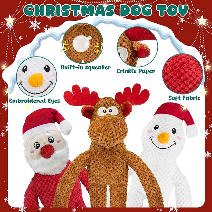 Christmas Squeaky Dog Toys no Stuffing 3-Pack Interactive Dog Toy for Puppy Teething Chew Toy Deer Snowman Santa Claus with Crinkle Paper Tail Keep Them Busy, for Large Medium Small Breeds