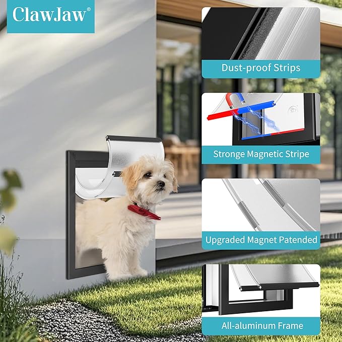 ClawJaw Aluminum Extra Large Dog Door for Wall, Double Flap XL Dog Door, Adjustable Tunnel, Strong and Durable, Easy to Install, Black(Pets Up to 220 Lb)-XLarge