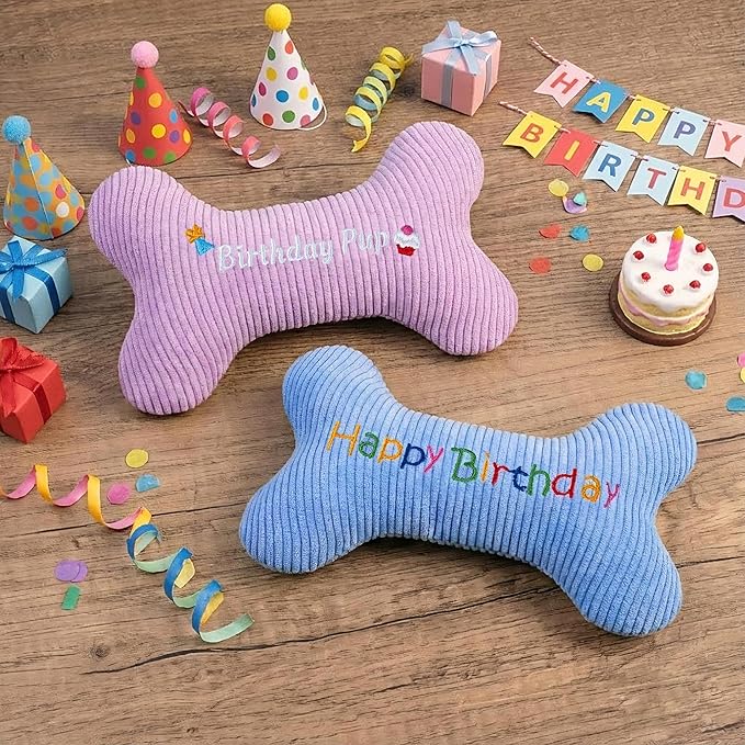 2026 Birthday Squeaky Dog Toys, Embroidered Bone Shape Blue Corduroy Pet Pillow 8"x5", Soft Cotton Filled Cute Fun Dog Chew Puzzle Toy Birthday Gifts for Small Medium Dogs(Happy Birthday)