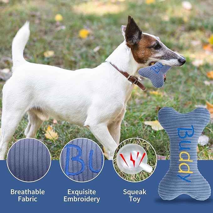 2026 Personalized Squeaky Dog Toys, Embroidered Bone Shape Corduroy Pet Pillow 8"x5"with Custmoized Name, Cute Dog Chew Puzzle Toy Custom Color Size Birthday for Small Medium Large Dogs